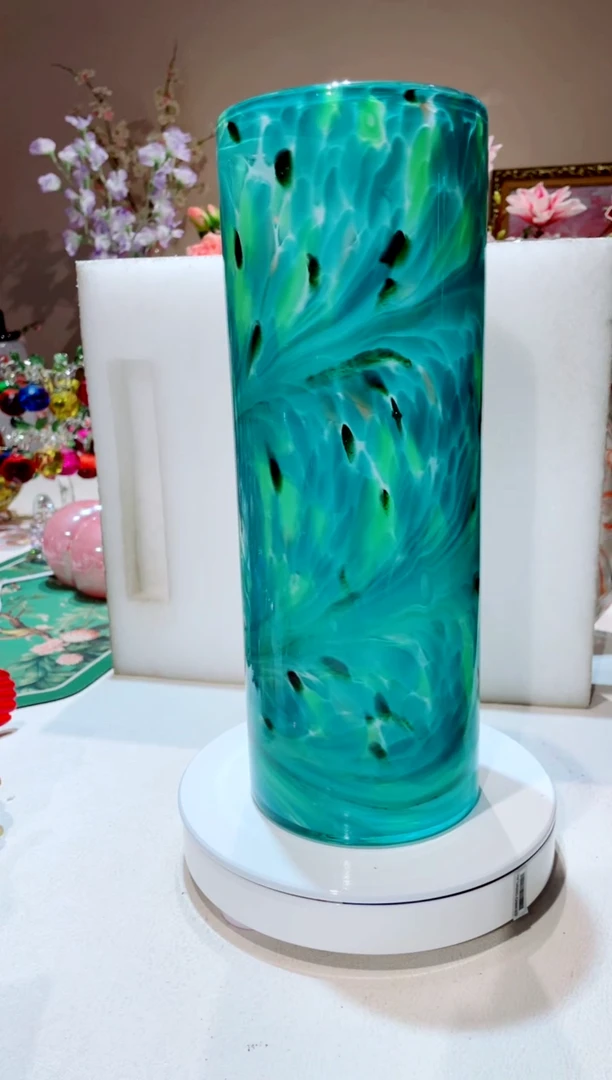 【闪购商品】琉璃手工艺品高款直筒蓝色孔雀风花瓶  微瑕