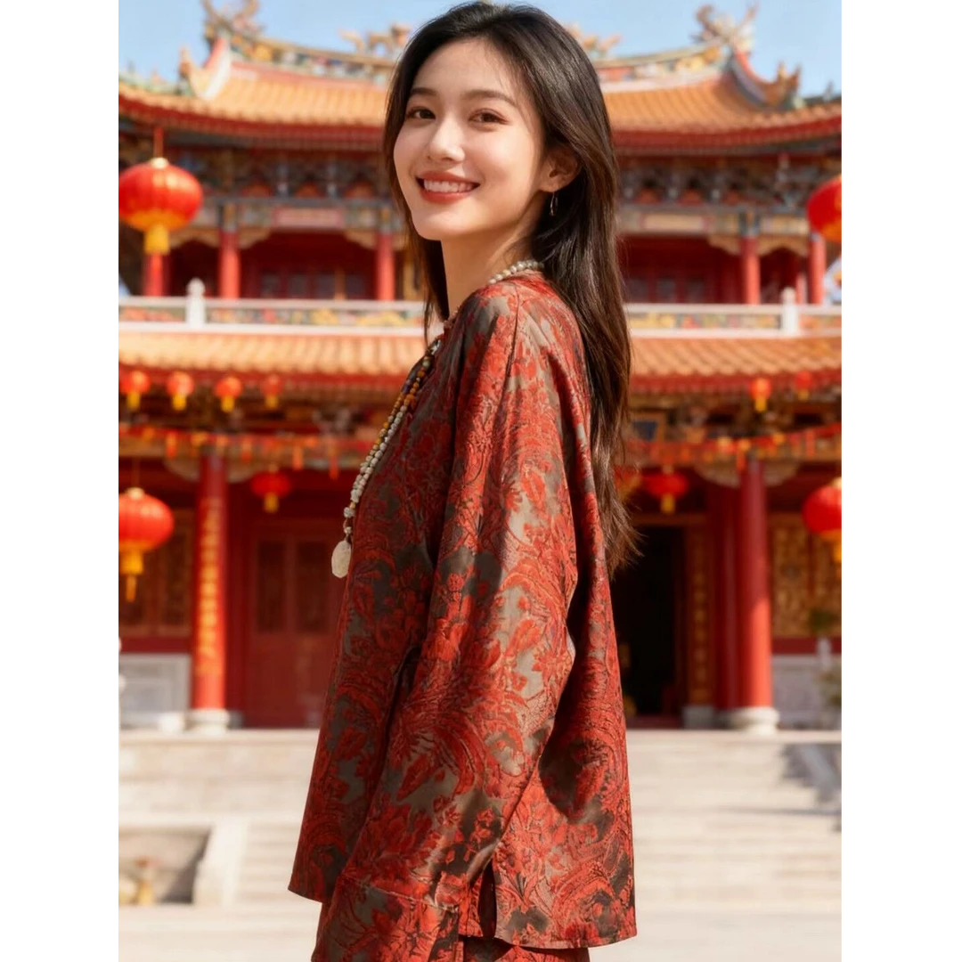 【红岁呈祥】香云纱丝毛新中式印花圆领长袖时尚宽松上衣外套02