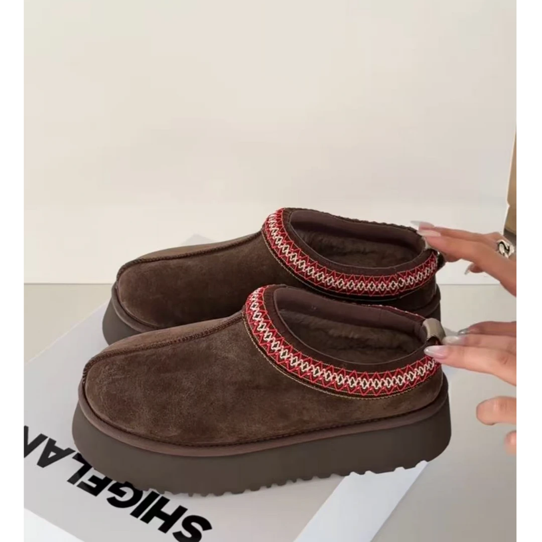 诗歌兰女鞋时尚厚底民族风复古一脚蹬羊毛低帮雪地靴拖鞋