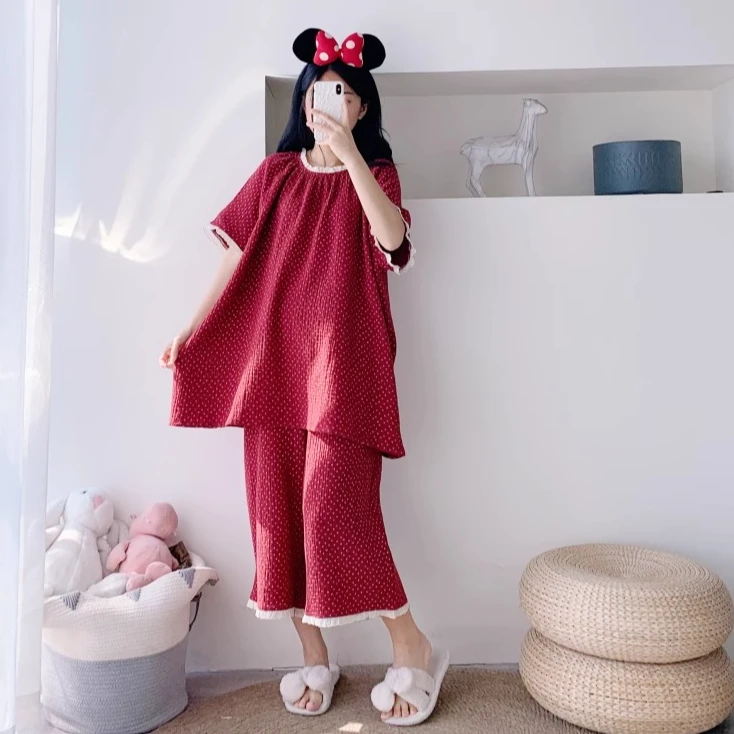 短袖七分裤花边纯棉纱布睡衣夏季加大码胖mm宽松200斤红色家居服