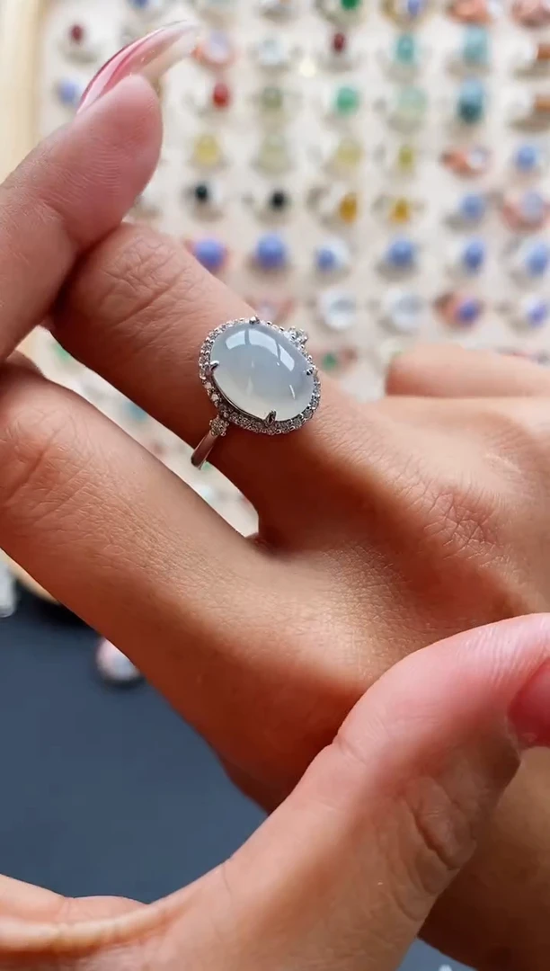 【闪购商品】翡翠戒指银S925镶嵌缅甸天然A货翡翠222 10+5