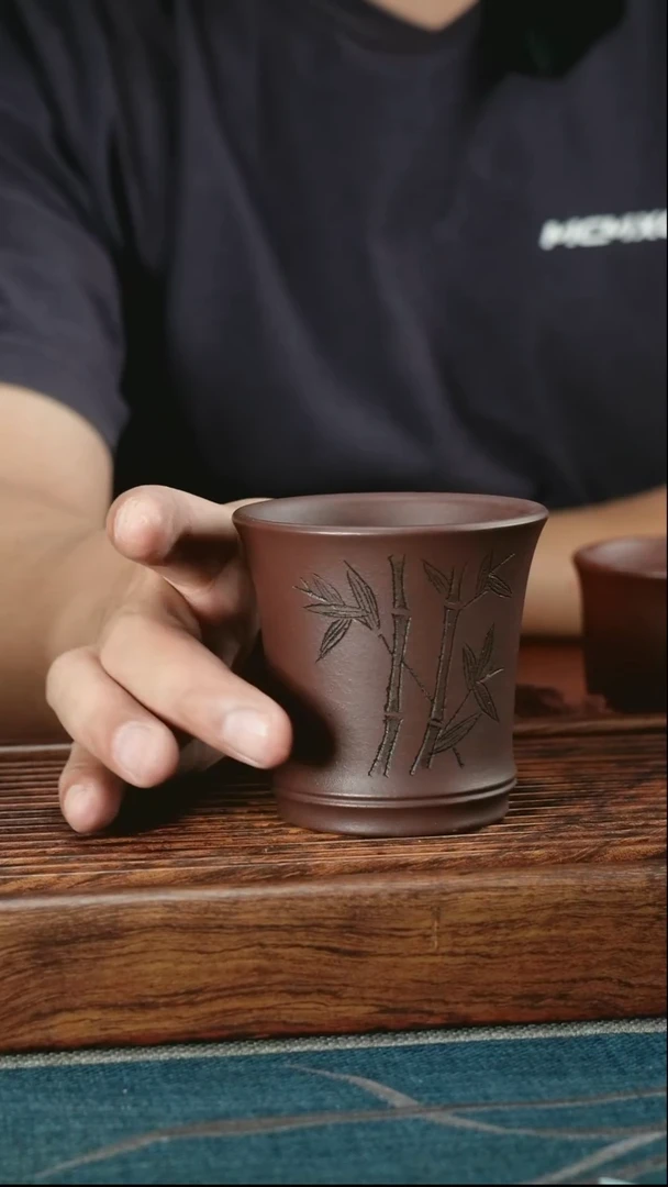 茶杯紫砂老紫泥竹节清风