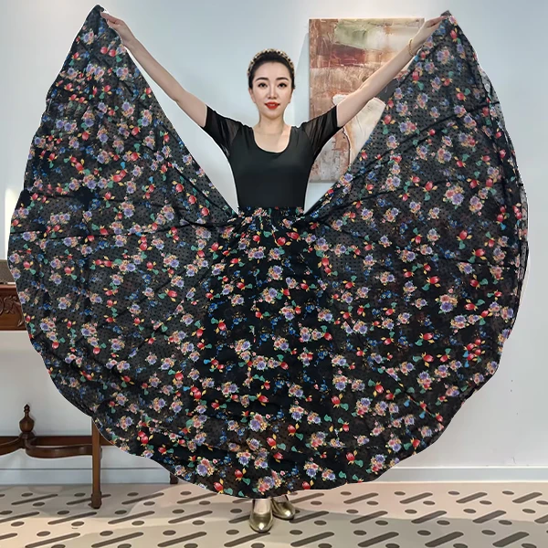 B《港风礼花》人丝雪纺满铺花半身裙/720大摆半身裙