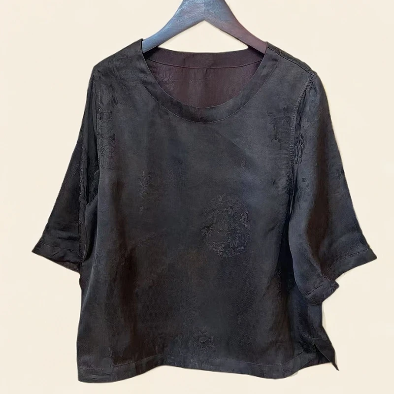 【贵淑上衣】暗纹提花缎红云老料重锻七分袖圆领上衣