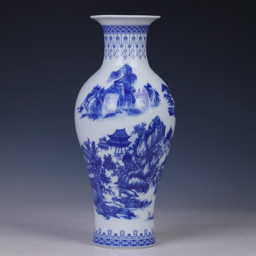 景德镇青花瓷花瓶摆件 山水图 客厅装饰工艺品摆件富贵竹插花瓶