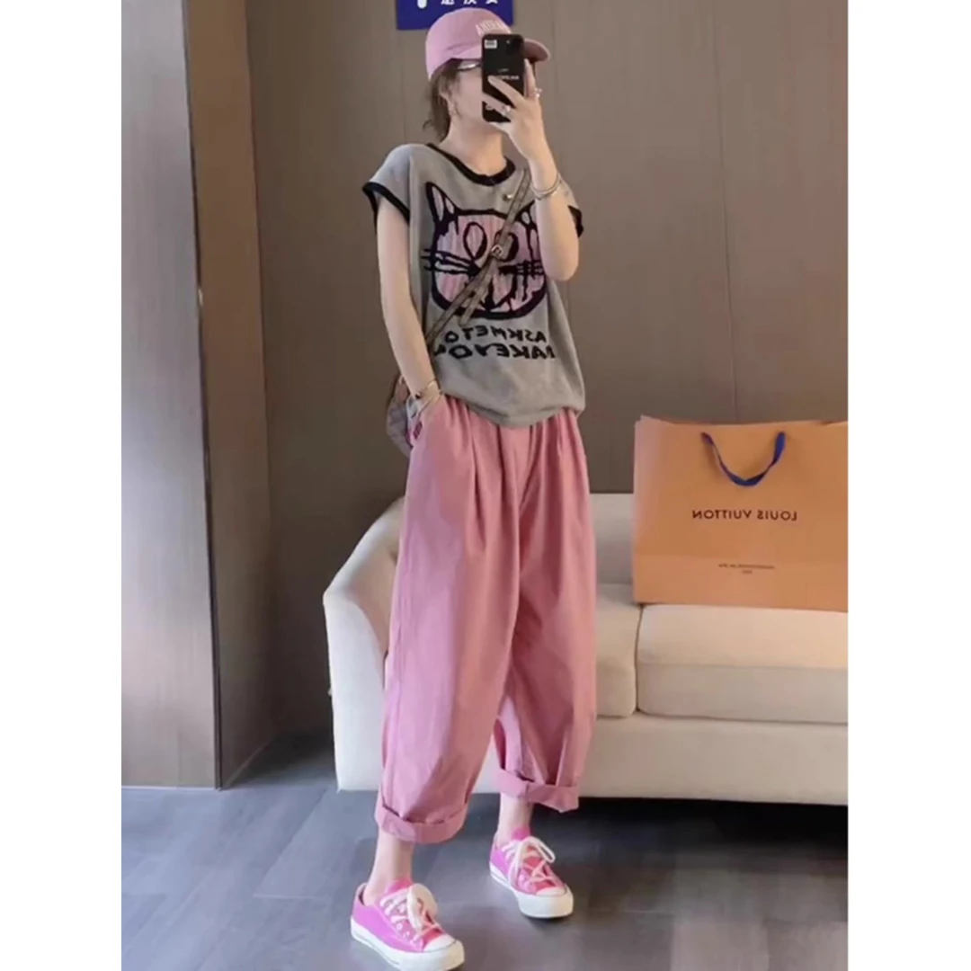 时尚奶茶盐系夏季女装炸街减龄穿搭配一整套俏皮显瘦上衣两件套裤