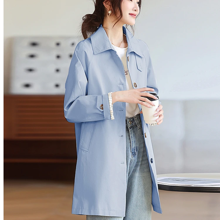 蓝色气质风衣外套女2025春秋新款高级感小个子中长款休闲宽松大衣