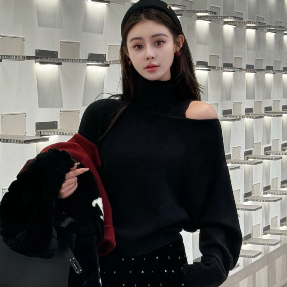 小众巨好看半高领针织一整套女秋冬背心一字露肩毛衣高级感两件套