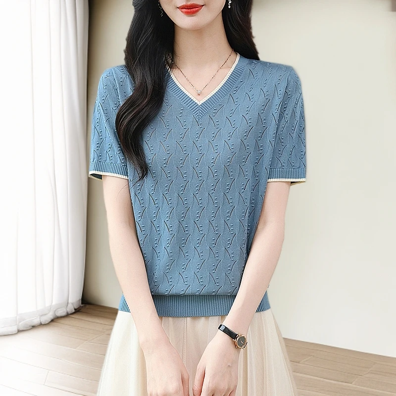 V领天丝短袖T恤女时尚减龄妈妈夏装上衣2025新款遮肚子小衫气质感