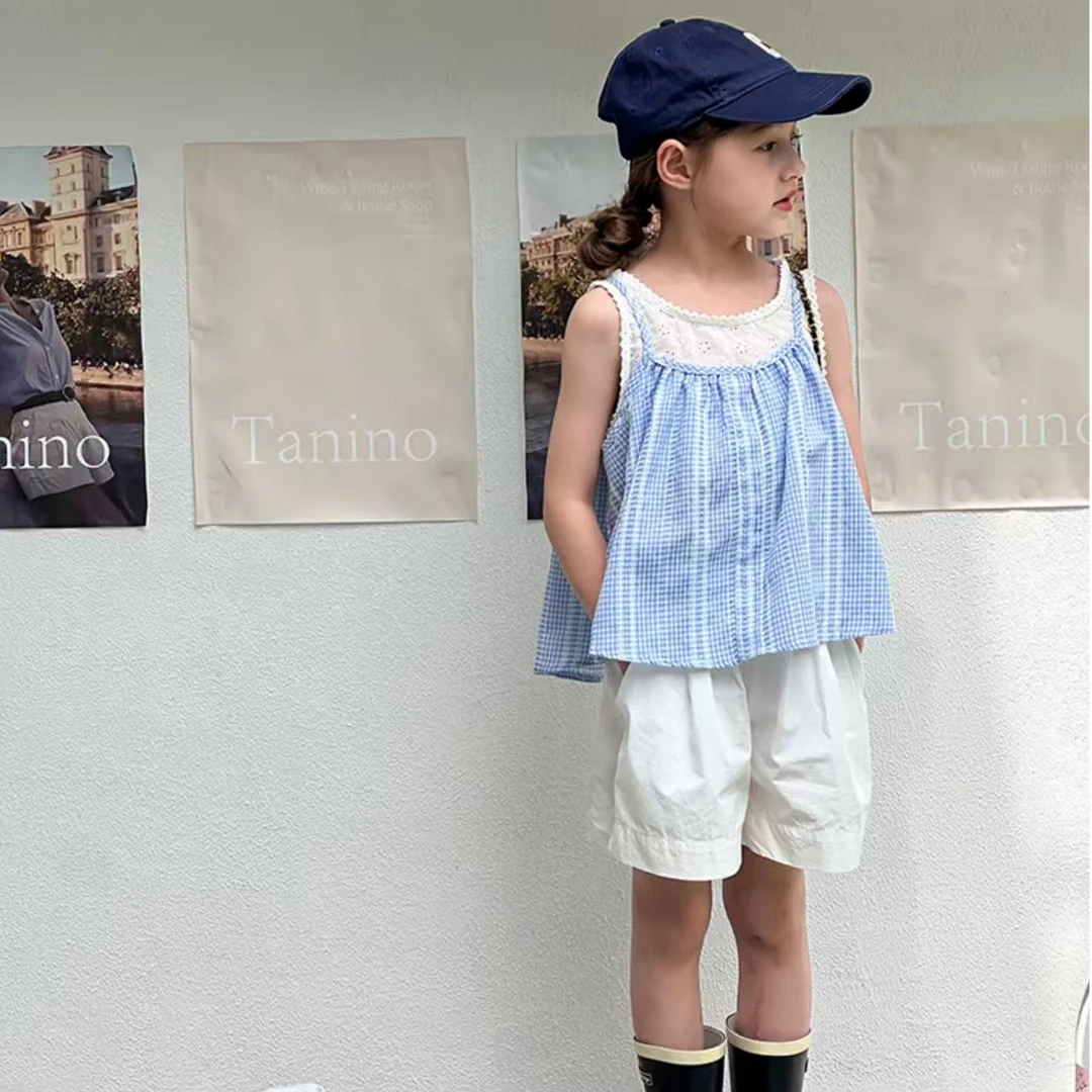 儿童韩版夏季蕾丝格子吊带温柔风女童背心2025新款无袖女童娃娃衫