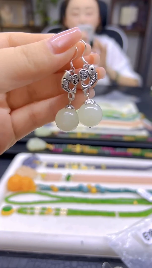 和田玉（白玉）银S925镶嵌耳饰DIY款E783