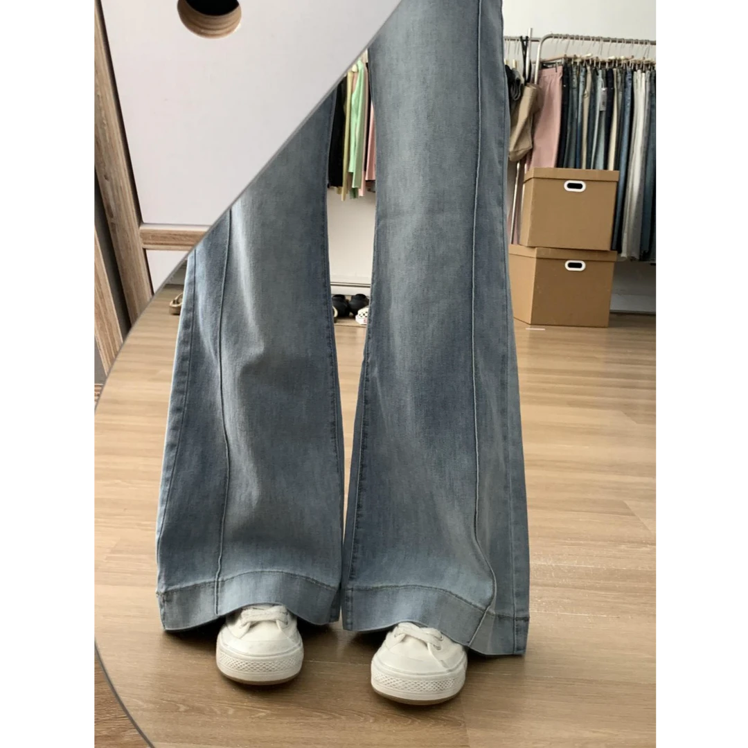 145小个子美式浅色微喇阔腿牛仔裤女夏季新款高腰垂感喇叭拖地裤