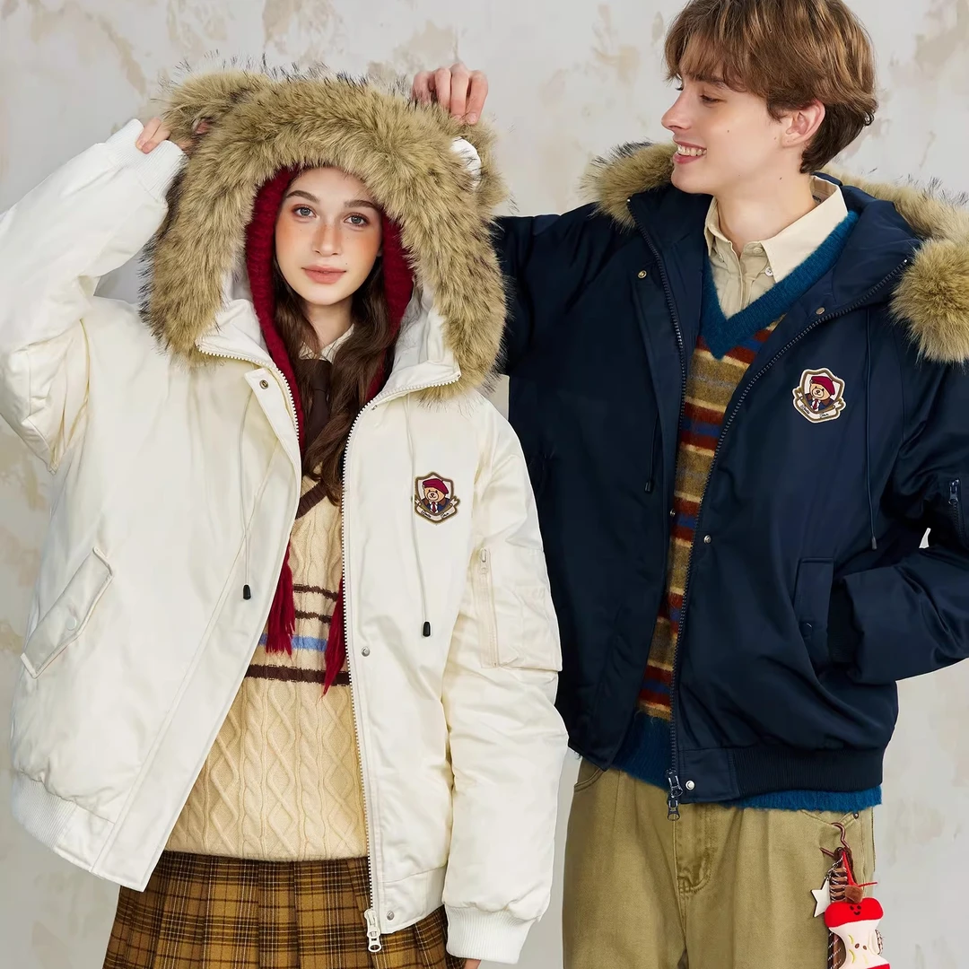 《几里》25ss保暖小熊棉衣拼接罗纹男女同款棉服百搭毛领加厚情侣