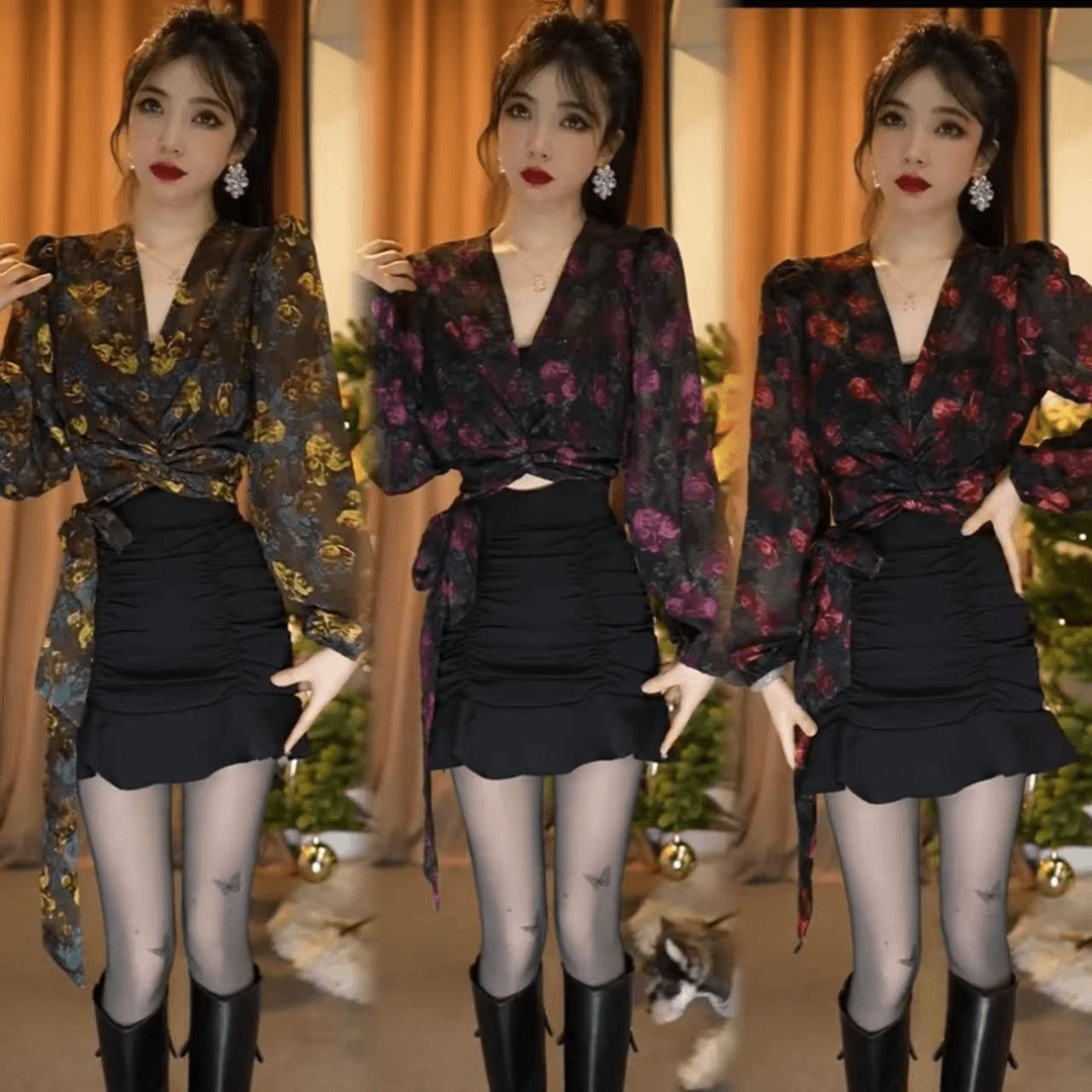 花朵丝滑细腻衬衣绑带蝴蝶结收腰显瘦灯笼袖气质时尚衬衫长袖高腰