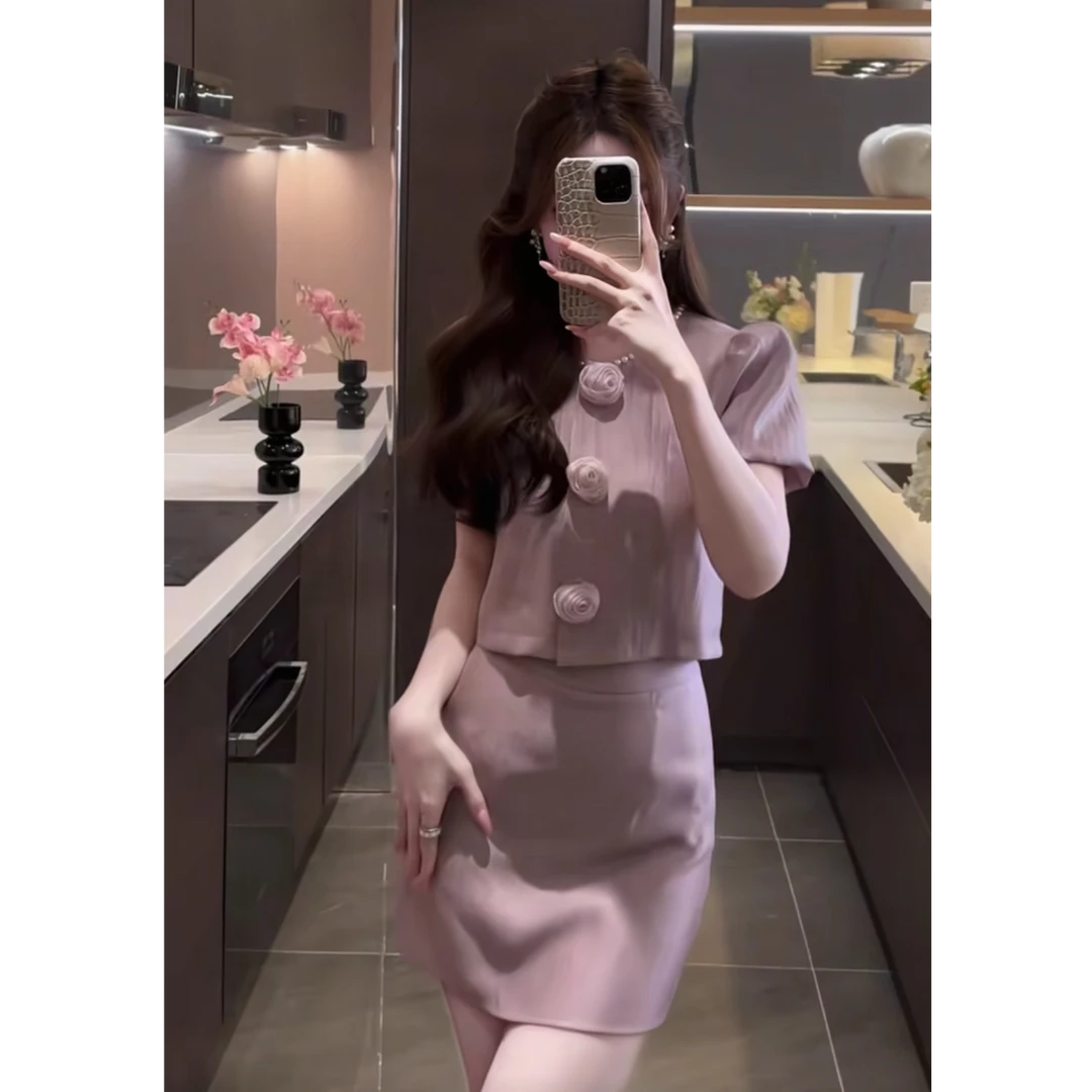 【现货+运费险】两件套装显瘦小香风名媛气质短袖上衣半身裙HD662