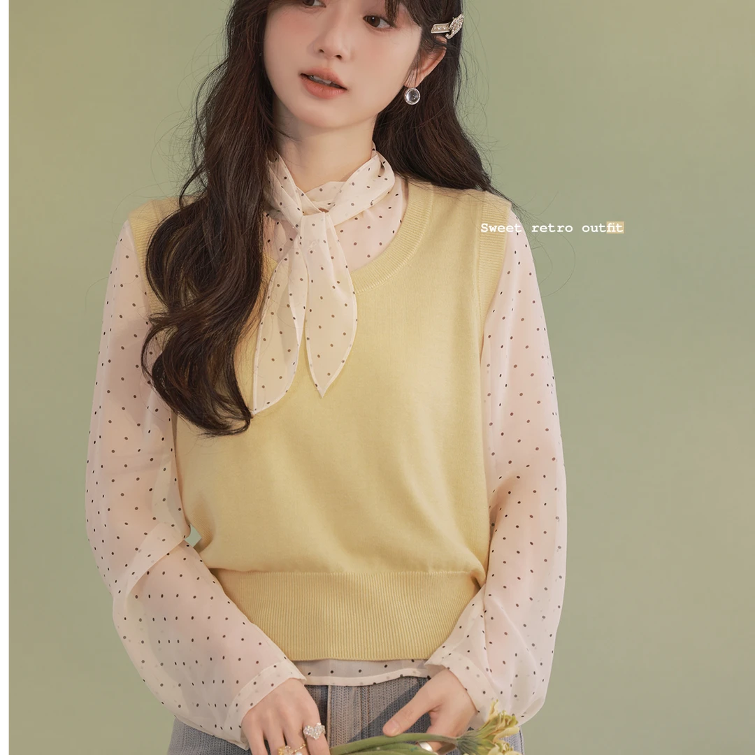 花栗鼠小姐柠檬香氛套装 甜美法式~微透波点衬衫/毛衫马甲