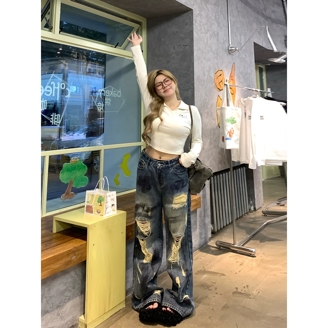 清清-【落日余晖】辣妹废土风复古小众设计破洞牛仔裤A243K0015