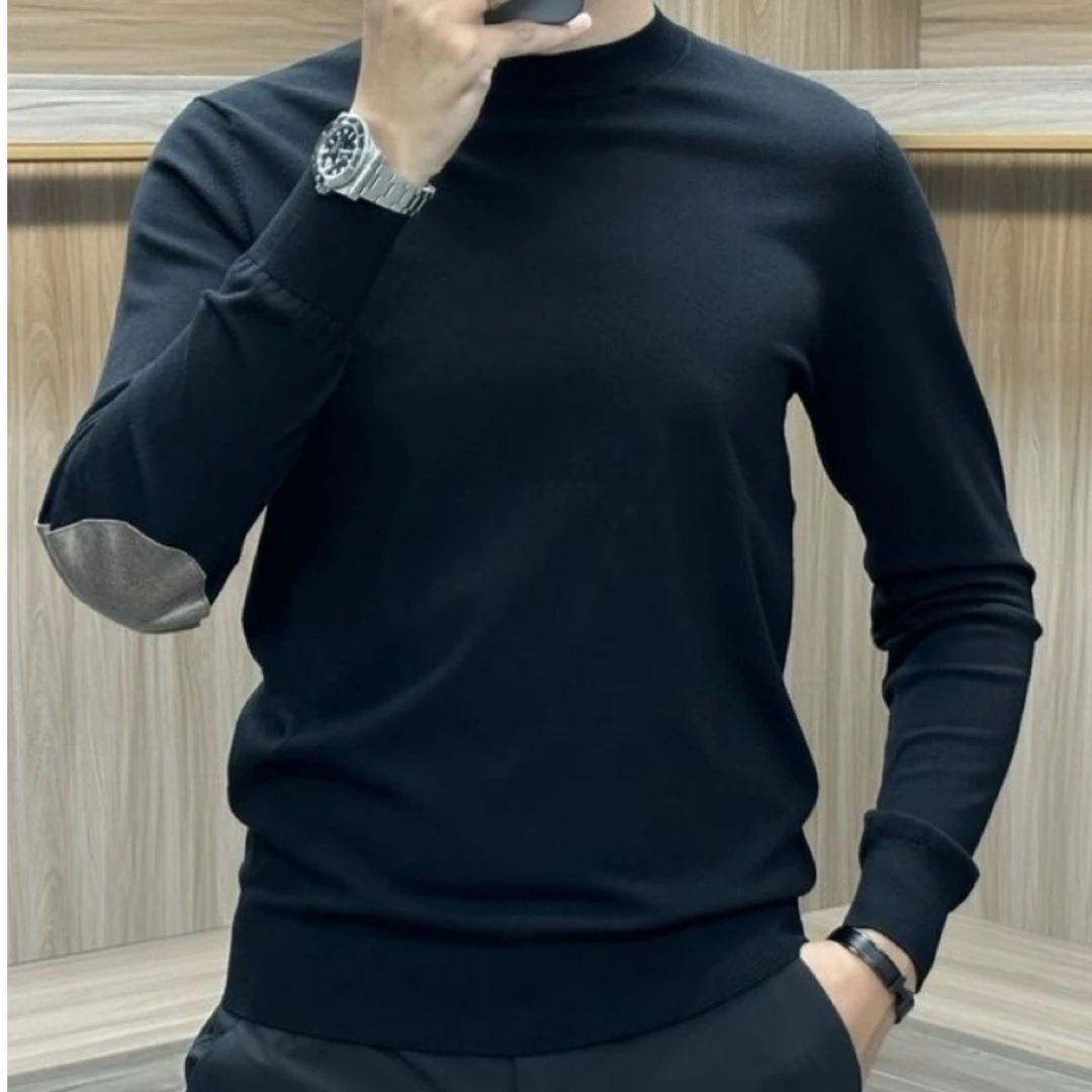 男士高档手肘拼接长袖针织衫2025新款弹力修身舒适休闲打底衫毛衣