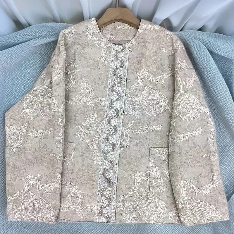 妍旭2025春季新款中国风外套重工刺绣新中式上衣时尚珍珠提花外套