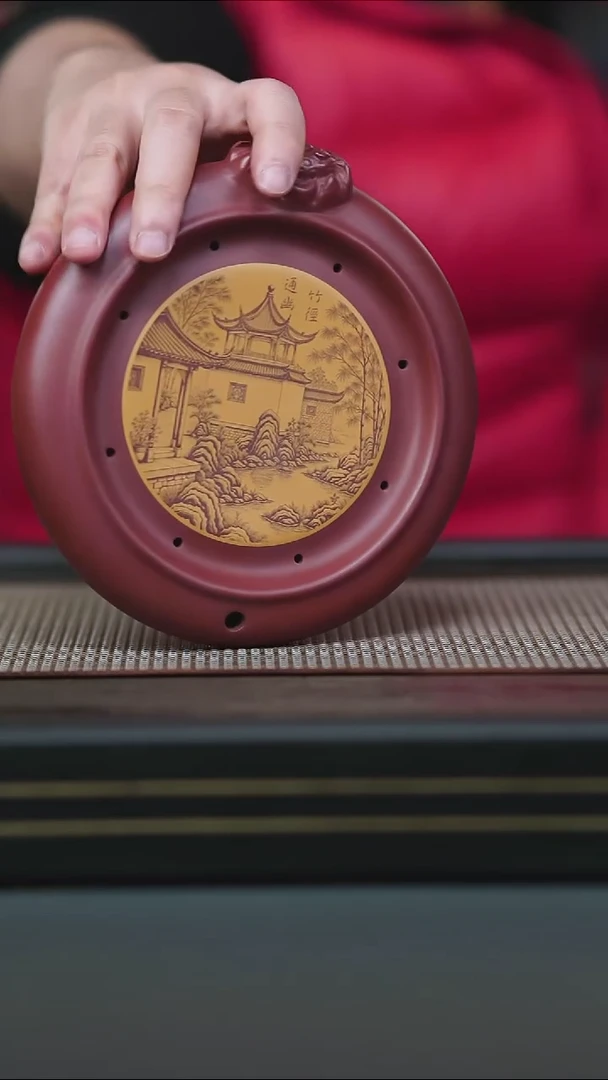 茶壶紫砂肉**.红皮龙山水刻绘壶承