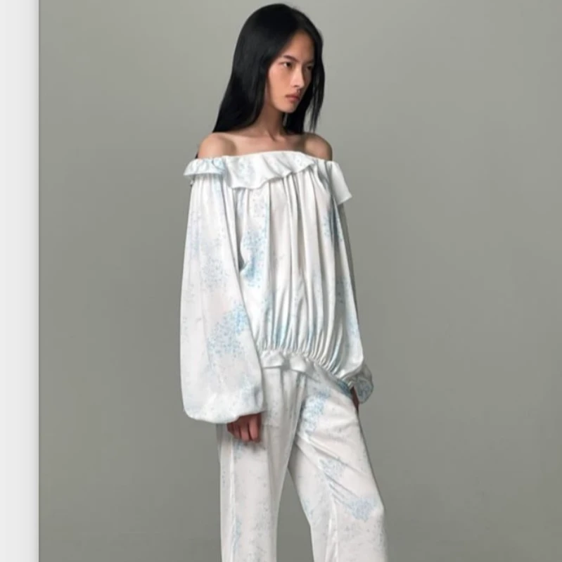 YIRANTIAN荷叶边一字肩上衣