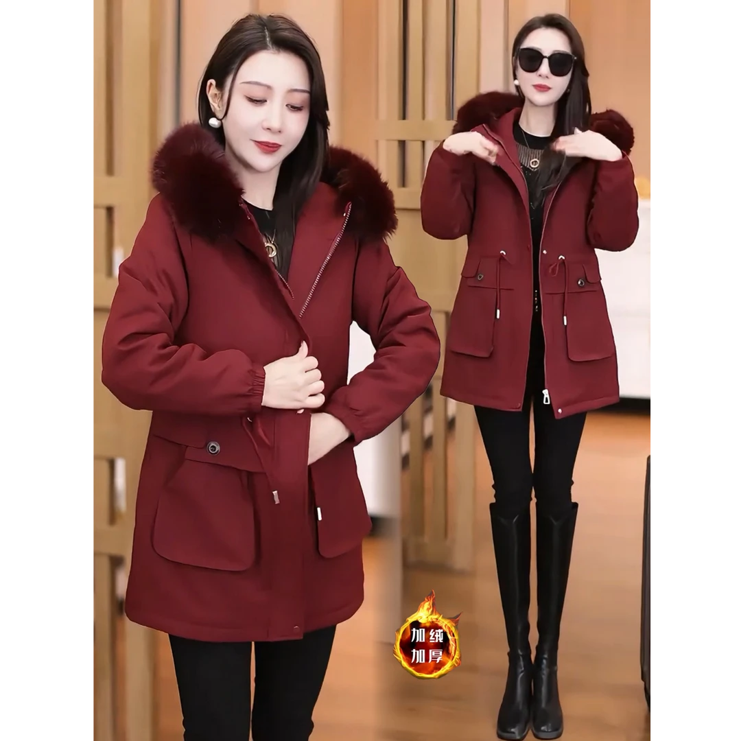 时尚加绒加厚棉衣棉服女中长款派克服2025秋冬新款保暖棉袄外套潮