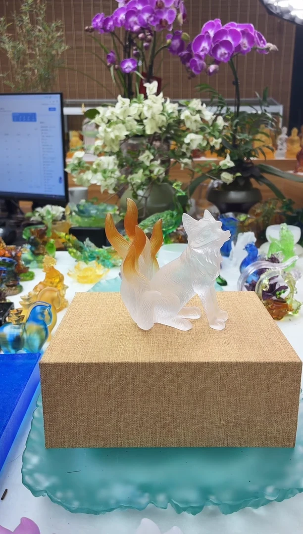 手工艺品琉璃琥珀色幸福狐狸摆件10*9.5*8公分