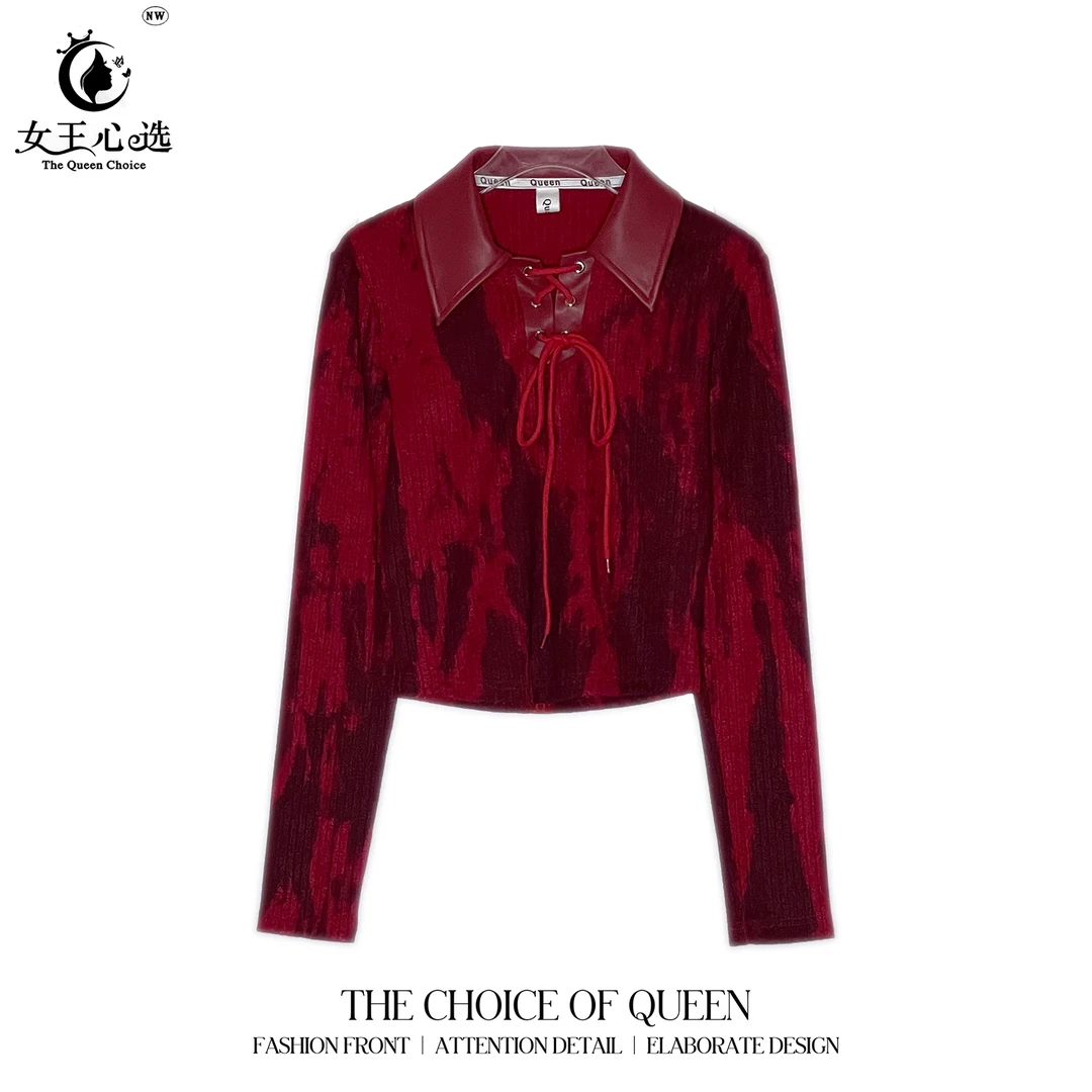 【笑姐定制】D9A569 原创加厚领口织带交叉皮质拼接设计修身长袖