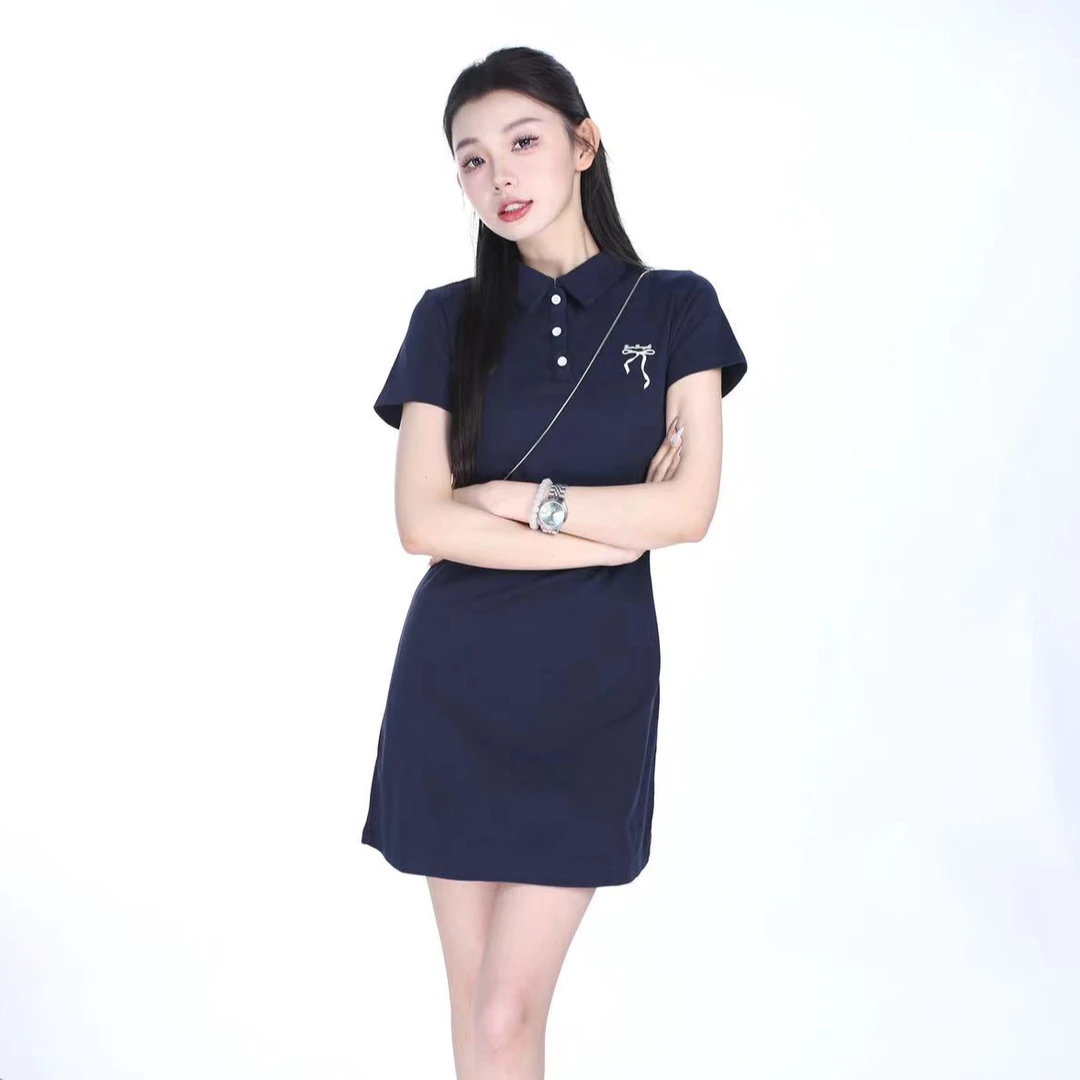 现货【女团C位】夏季百搭POLO领蝴蝶结刺绣显瘦中长款女连衣裙