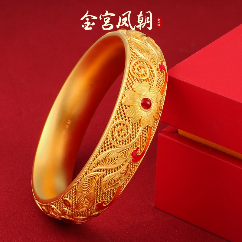 足银珐琅手镯 金宫凤朝繁花气质足银999花丝镯精美时尚镯子银手镯