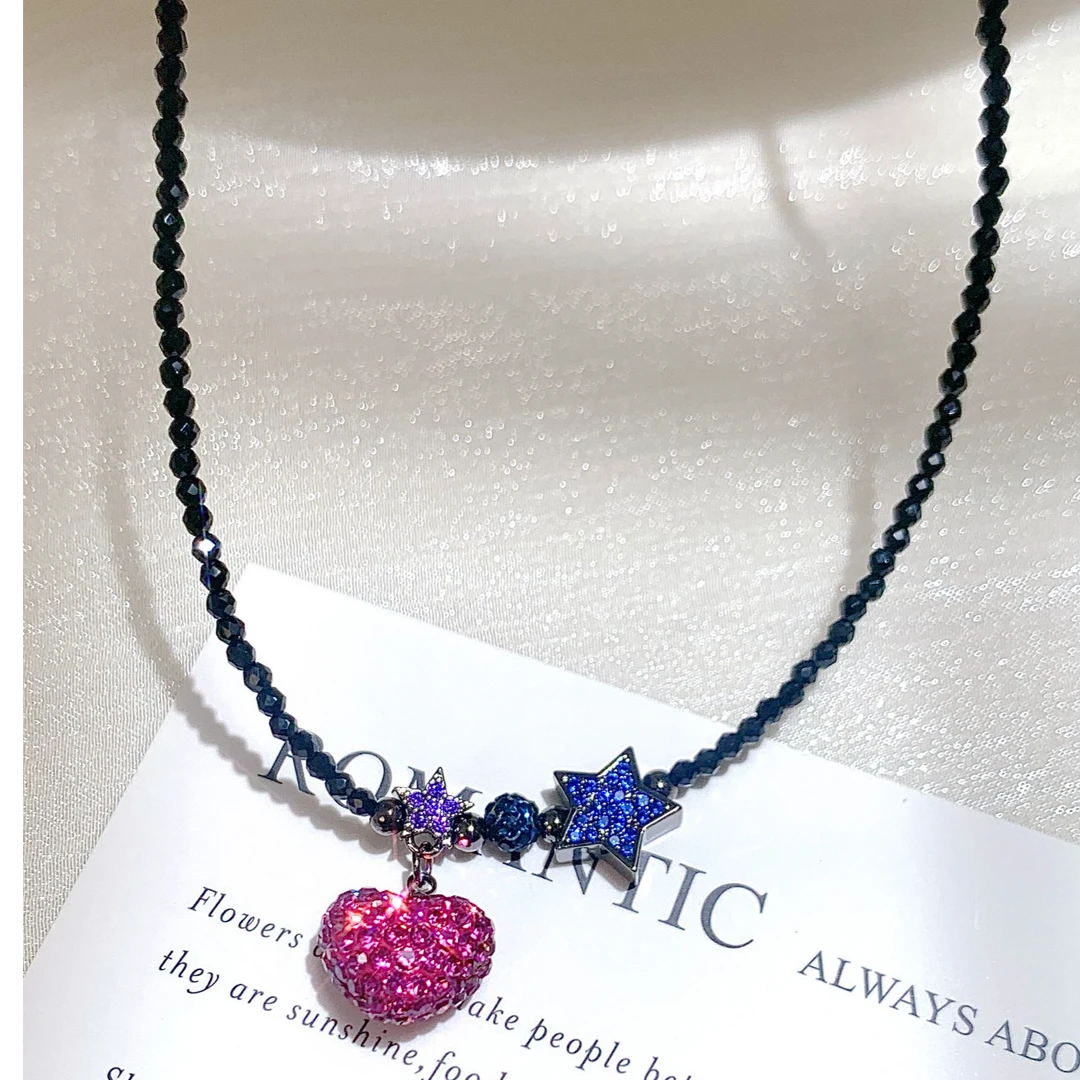 铜项链 黑色颈链粉色爱心小滴溜百搭项链小众简约