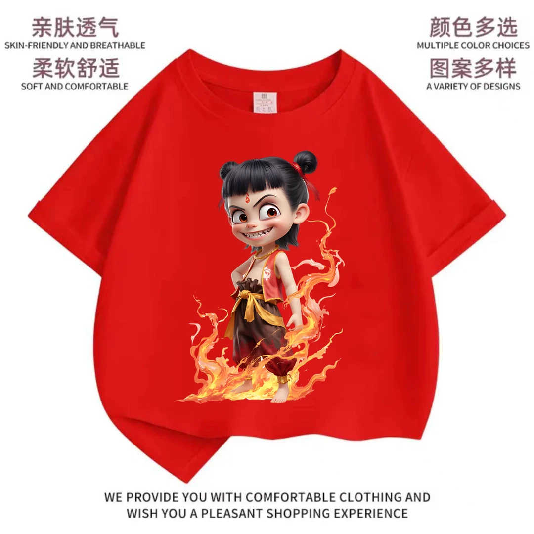 哪吒魔童闹海儿童卡通动漫纯棉短袖T恤2025学生夏季新款宽松上衣