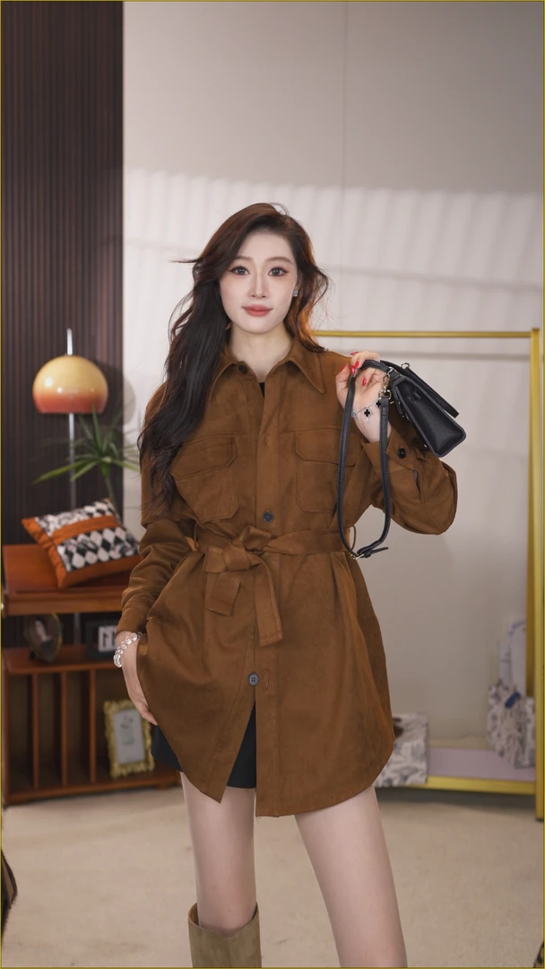 秋冬新款翻领极简风宽松型皮衣女装外套百搭复古大衣FY-2173