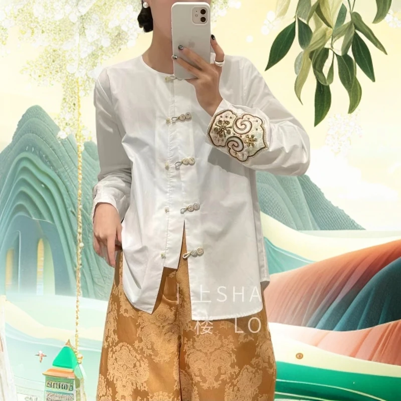 【如意小葫芦】重工袖口钉珠刺绣 新中式手工盘扣如意新中式棉衬衫
