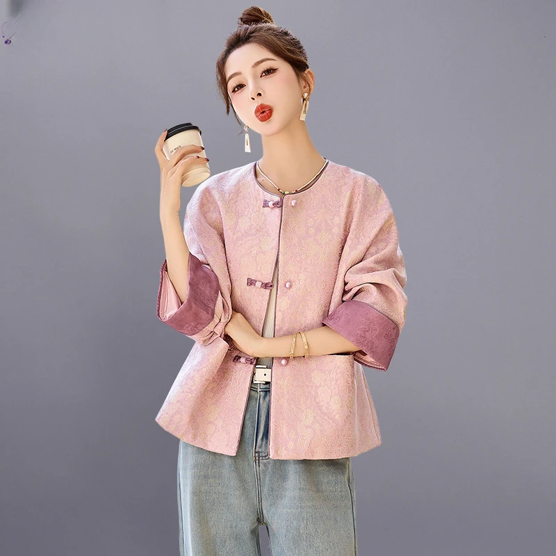 新中式国风提花外套女2025春秋新款女装高端盘扣复古减龄唐装上衣