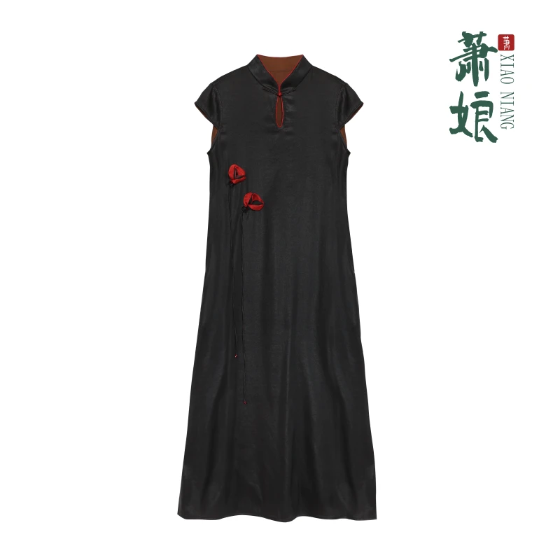 萧娘【花槿】弹力缎香云纱工艺桑蚕丝连衣裙新中式宽松气质女裙1855