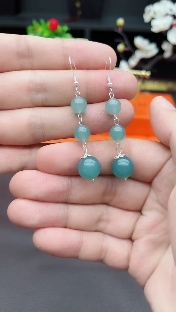 石英质玉（天山翠）银S925镶嵌耳饰C01