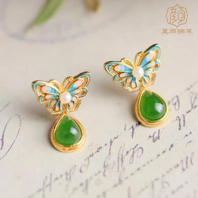 [夏颜银饰]S925银  和田玉 珐琅彩蝴蝶水滴耳饰
