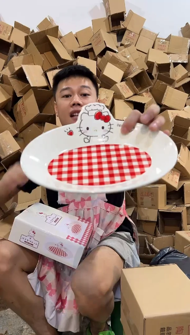 瓷片原盒kt猫红格子餐盘