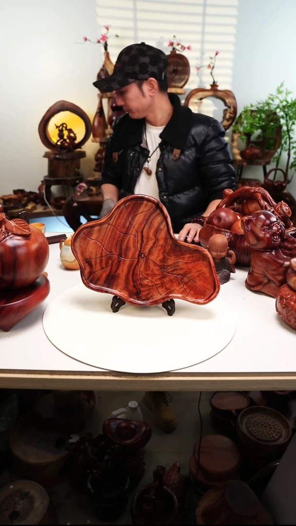 木浩A9香樟木摆件/荷叶盆