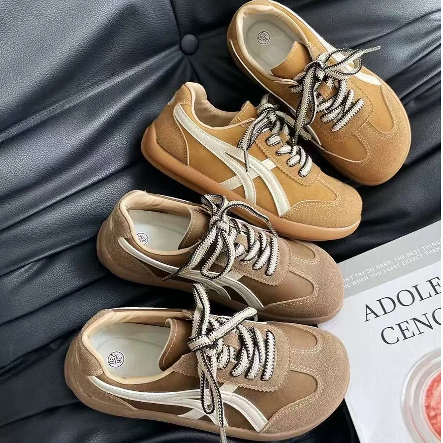 A9853美式复古德训板鞋女时尚百搭小众拼色系带软底芒果头德训鞋