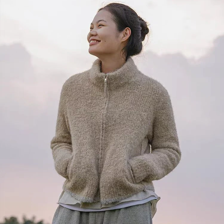驼绒羊毛女士立领开衫长袖显瘦针织时尚百搭保暖羊毛衫2024619
