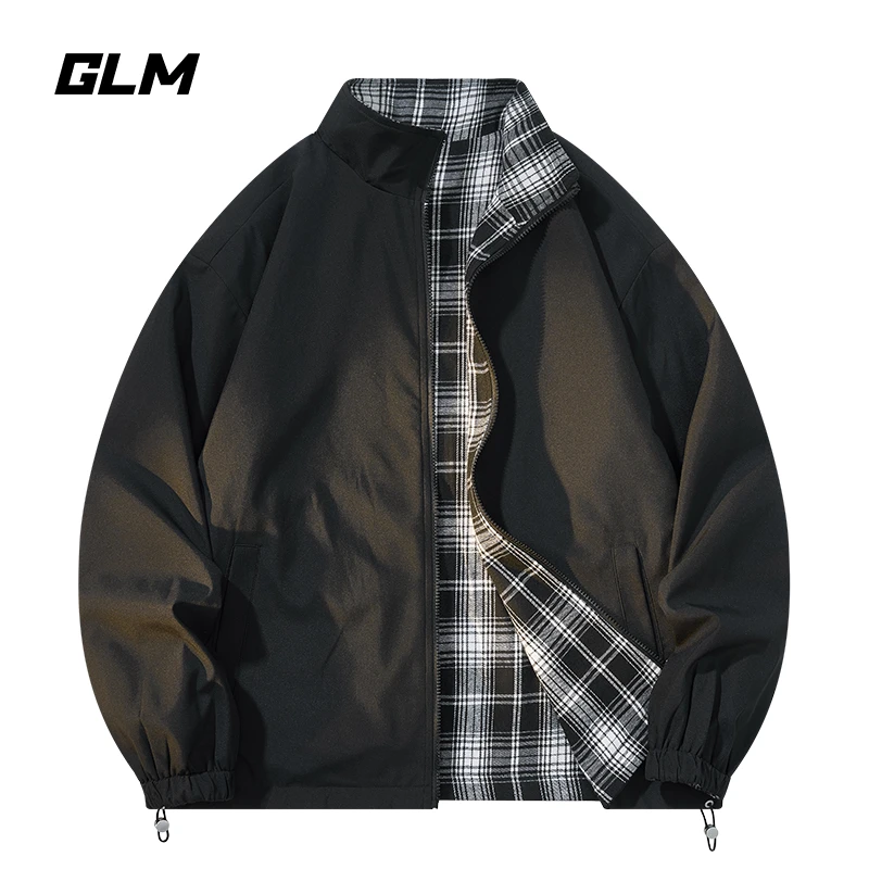 GLM潮牌男女同款2025秋冬季新款双面穿格子拼接宽松休闲夹克外套