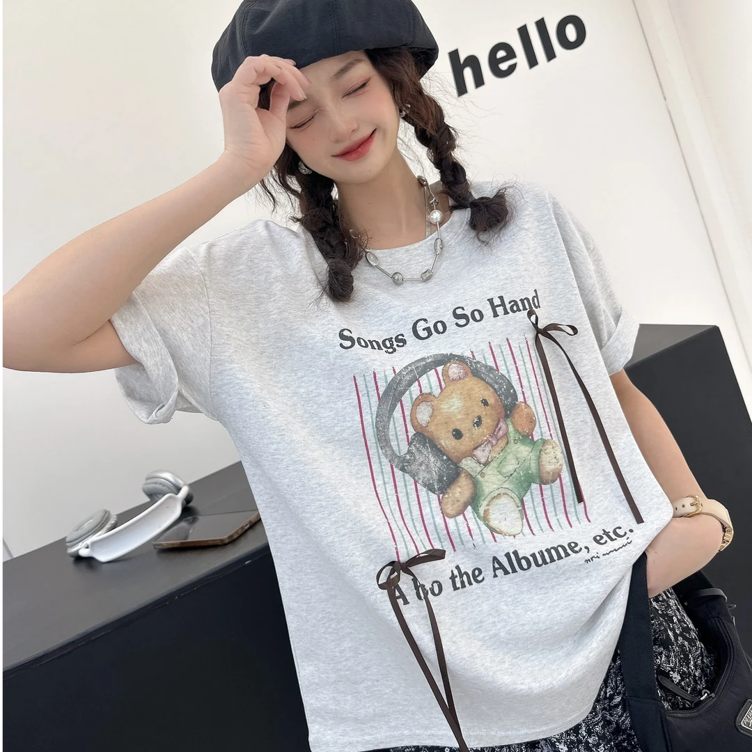 春季韩版时尚百搭蝴蝶结小熊短袖-2235