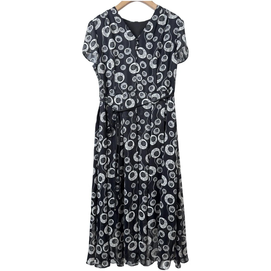 【W5814黑色圆图案】2025优雅百搭洋气款夏季短袖中长款裙