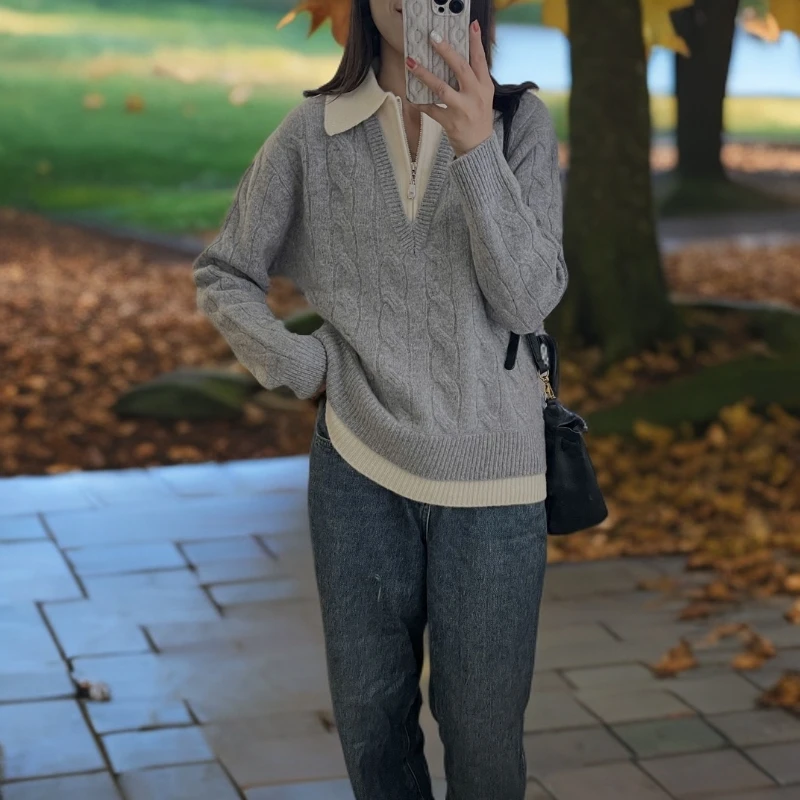 【段公子甄选】假两件百搭毛衣女精致时尚翻领拉链上衣