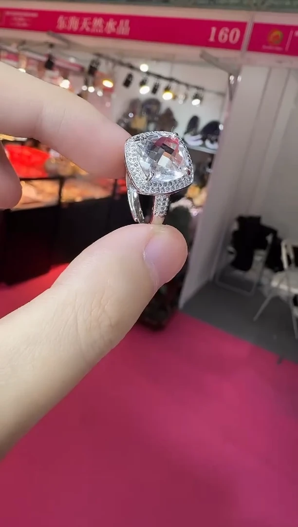 银S925镶嵌戒指水晶净体白水晶10mm