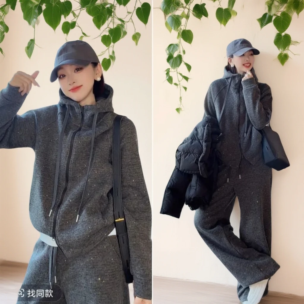 加绒加厚洋气2025冬季新款时尚休闲卫衣秋冬阔腿裤两件套连帽套装