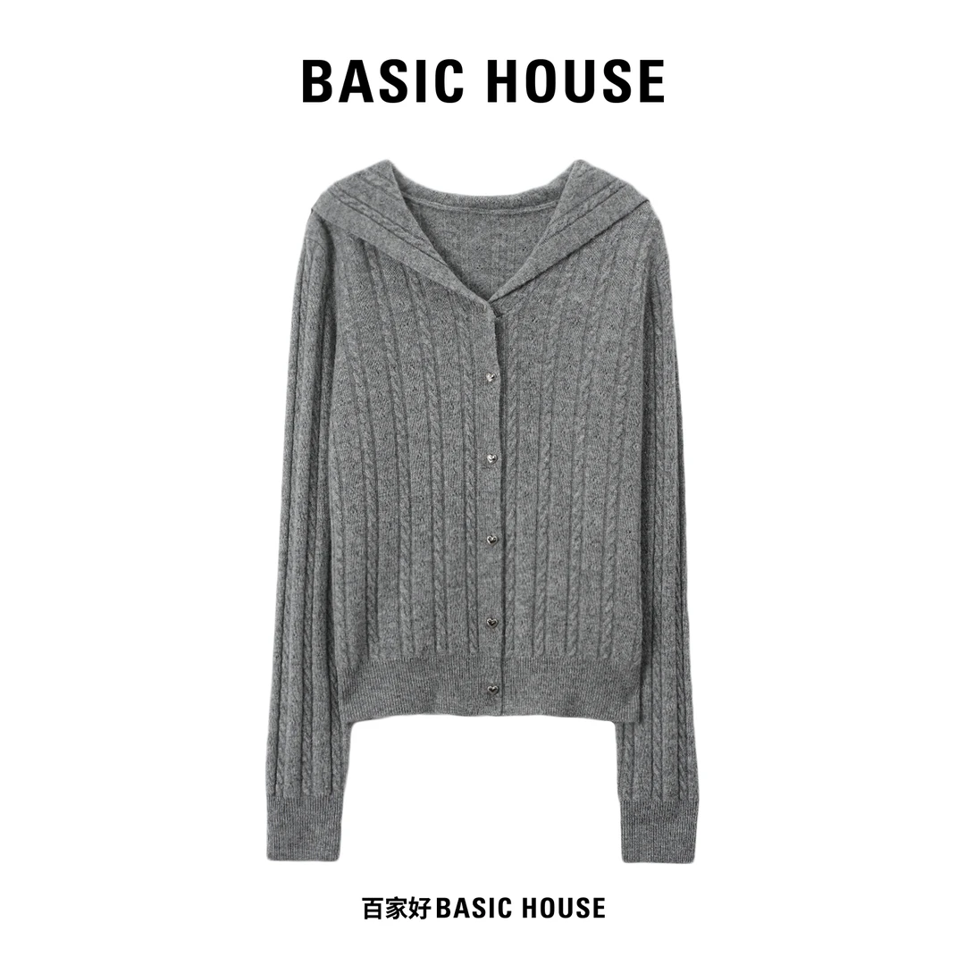 Basic House/百家好2025新款爱心扣法式连帽毛针织衫Q722 YY