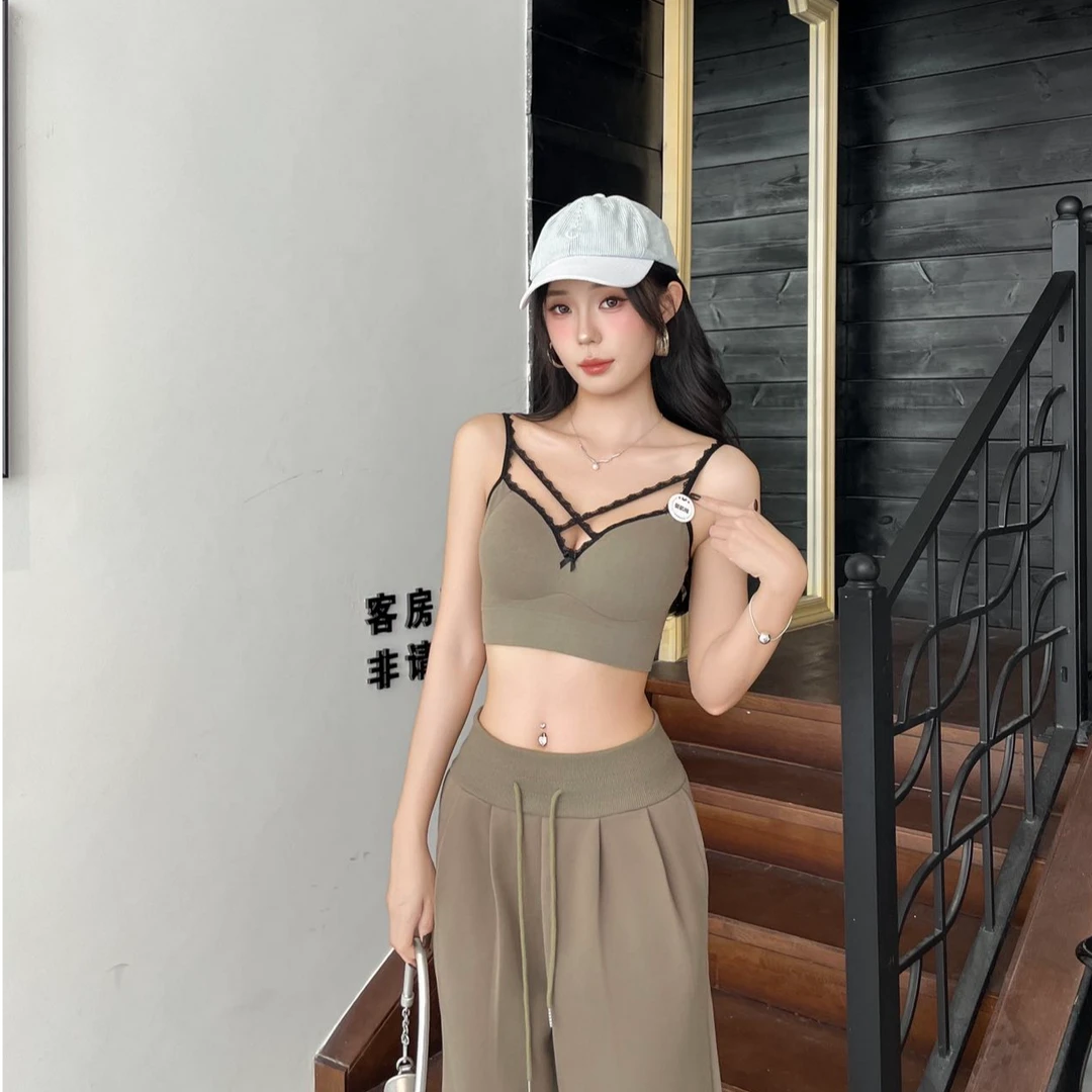 纯欲交叉蕾丝V领镂空美背内衣文胸乳胶杯垫舒适内搭外穿抹胸吊带